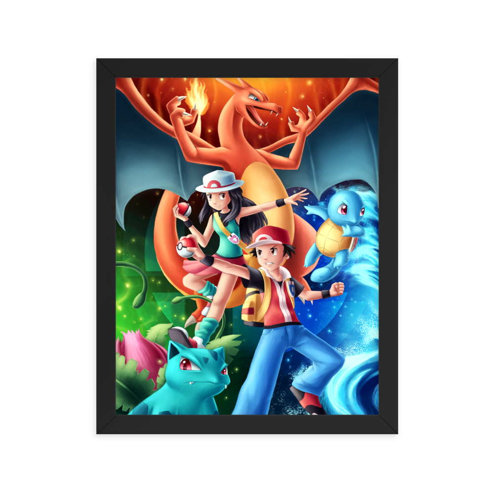 Kanto Trainers & Starters Pokemon Framed Poster