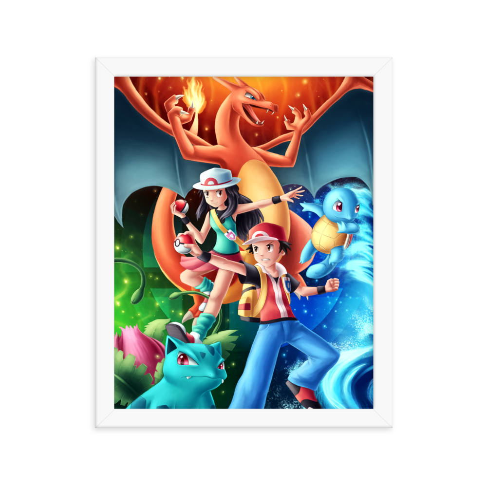 Kanto Trainers & Starters Pokemon Framed Poster