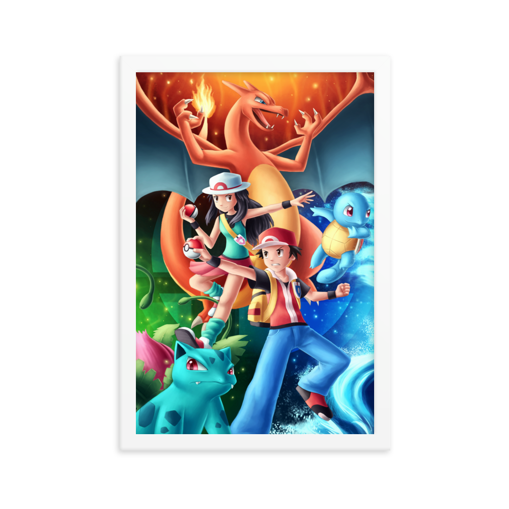 Kanto Trainers & Starters Pokemon Framed Poster