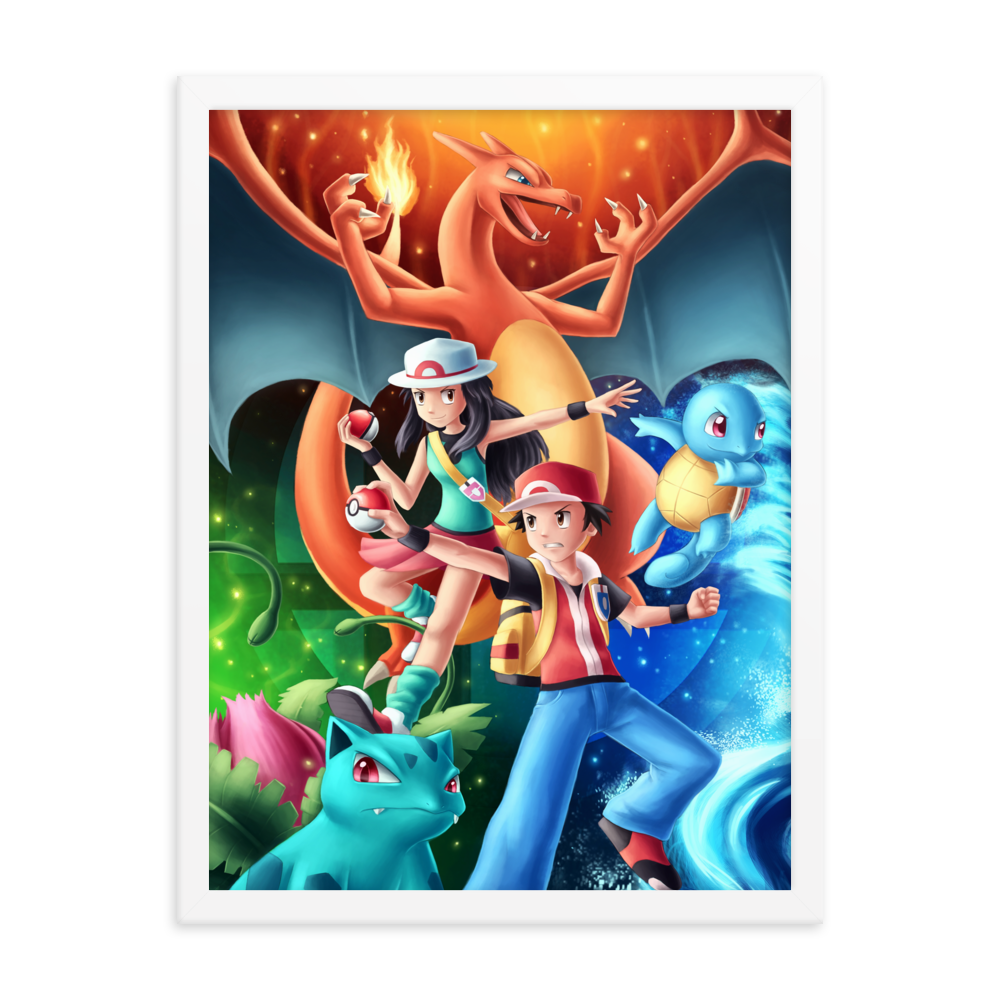 Kanto Trainers & Starters Pokemon Framed Poster